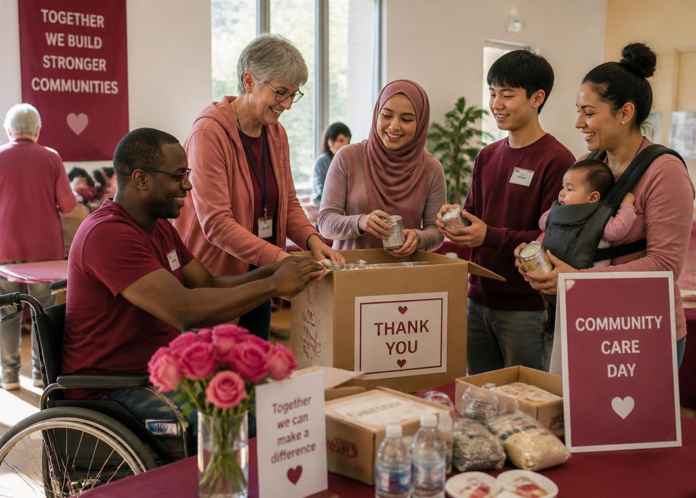 Volunteers of all ages, backgrounds, and ability levels preparing donations at a community care day