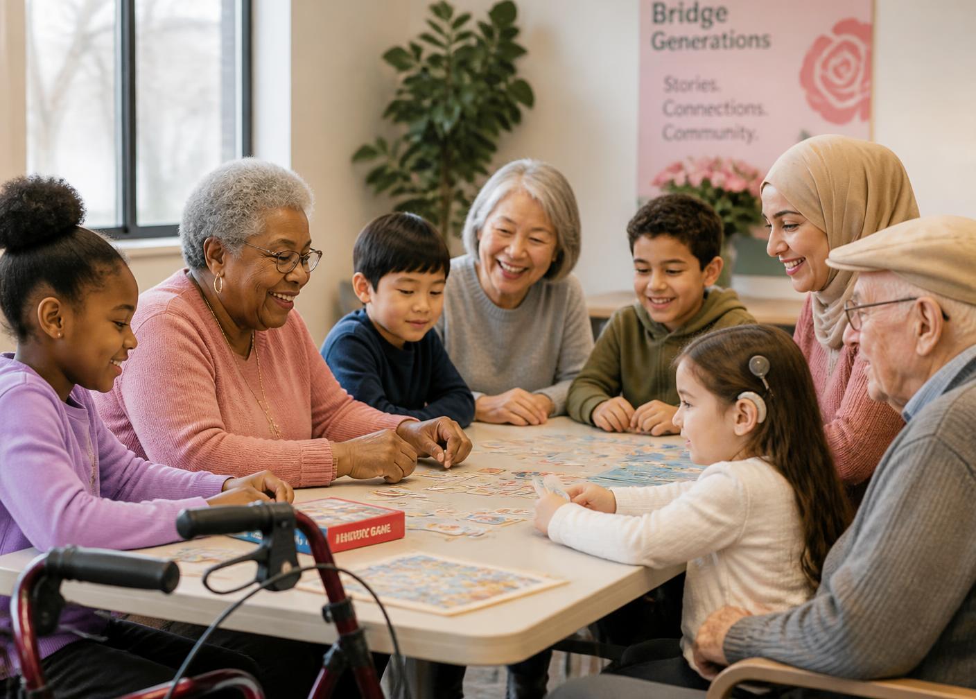 A diverse intergenerational group doing memory games together at a community center